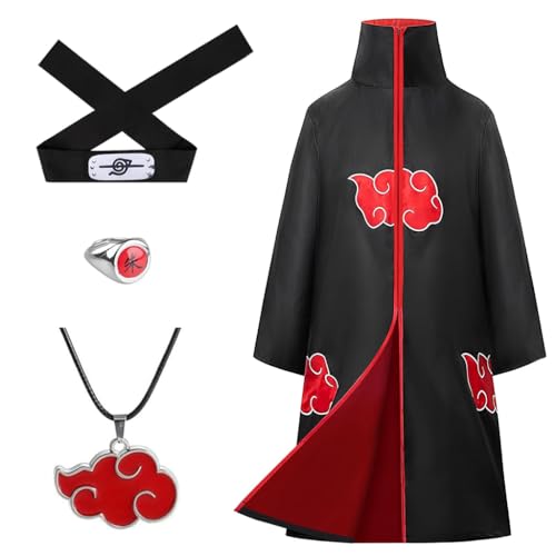 Image of PATPAT Akatsuki Costume Akatsuki Cloak Set of 4Pcs, Anime Cosplay Itachi Costume for Women Men Teenages with Headband, Necklace & Ring for Halloween, Cosplay, Party