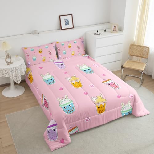 Image of Feelyou King Size Milk Tea Comforter Set - Cartoon Bubble Tea Bedding for Kids, Boys, Girls, Adults - 3Pcs Pearls Duvet Insert for Bedroom Decor