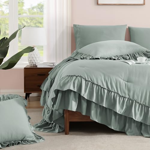 Image of Oversized Queen Comforter Set Sage Green Ruffle 7 Pieces Bed in a Bag | Farmhouse Shabby Chic Fluffy Bedding Sets with Sheets, Pillowcases & Shams