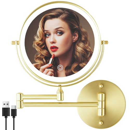 MIROAMZ Rechargeable Wall Mounted Lighted Makeup Vanity Mirror 8 Inch Double Sided 1X 10X Magnifying Bathroom Mirror, 3 Color Lighting, Touch Screen Dimming, 360 Rotation Shaving Mirror Gold