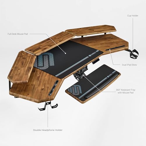 Image of EUREKA ERGONOMIC Solid Wood Top Gaming Desk, 72 inch Dark Acacia Wood Wing-Shaped Studio Desk with Keyboard Tray, LED Shelves, Heavy-Duty Recording & Live Stream Desk