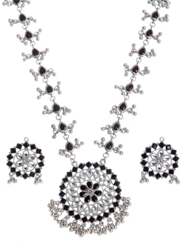 Juego de joyas Kundan negro, collar y pendientes de latón y plata oxidada