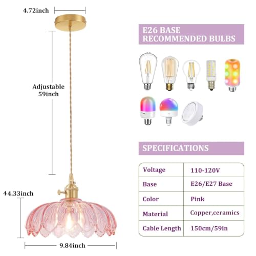 Image of Shenmoyl Pendant Light with Pink Scindapsus Glass Lmapshade, Brass Vintage Pendant Light Adjustable Hanging Light for Kitchen Island Dining Room Hallway