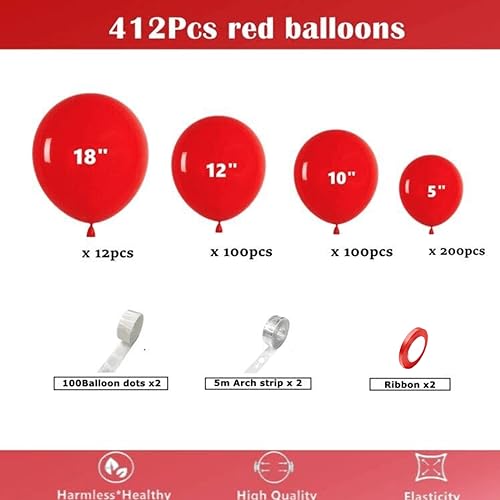 Image of 412pcs Red Balloons 18 12 10 5 Inch Red Balloon Garland Arch Kit Different Sizes Matte Latex Balloons for Baby Shower Birthday Wedding Party Decorations