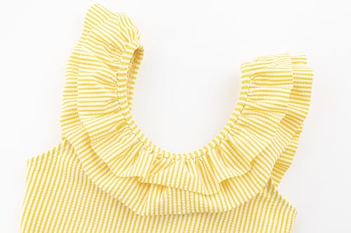 LIZENS Girls One Piece Swimwear Yellow Stripe Ruffle Striped Swimsuit for Kids 2-123