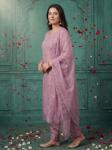 Image of INDO ERA Solid Straight Pure Cotton Kurta with Pant & Dupatta Set for Women