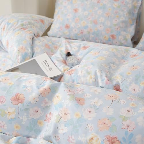 Image of LifeTB Vintage Blue Floral Full Size Comforter Set Cottagecore Bedding Set | Aesthetic Floral Botanical Flowers Comforter for All Season Soft Lightweight Bedding Comforter with 2 Pillowcases
