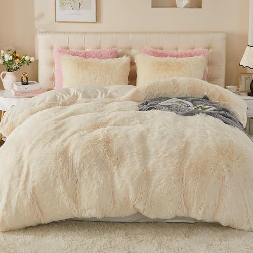 Image of EMME Luxury Fuzzy Duvet Cover Set Queen Size Fluffy Comforter Cover Set for Queen Bed 2 Pieces Shaggy and Plush Soft Bedding Duvet Covers (Cream White, Queen)