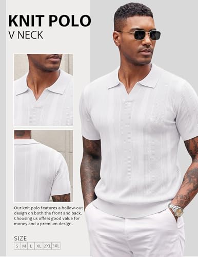 Image of COOFANDY Mens Knit Polo Shirts V Neck Textured Polo Shirts Short Sleeve Breathable Polo Casual Collared T Shirt Fashion Tops