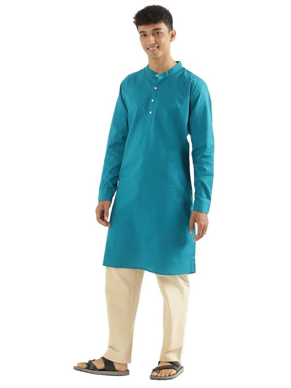 Image of SAADAA Men's Long Kurta - Linen Cotton Blend, Airy Fabric, Regular Fit, Mandarin Collar, Solid Color - Casual, Festive & Ethnic Wear