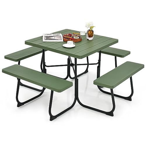 Tangkula 8 Person Picnic Table, Outdoor Square Picnic Table with 4 Built-in Benches, Umbrella Hole, Metal Frame & HDPE Tabletop, Outside Table and Bench Set for Garden, Backyard, Porch, Patio (Green)