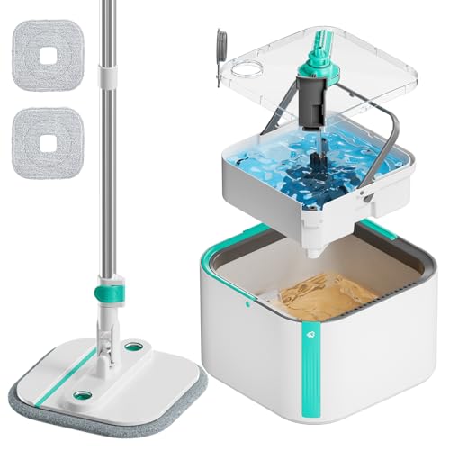 INWEJIA Juego de fregona giratoria autónoma y cubo para agua sucia y limpia, cubo desmontable con cepillo oculto, 2 almohadillas reemplazables