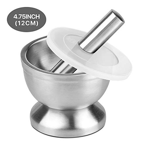 Flexzion Brushed Stainless Steel Mortar and Pestle Set w/Lid, Anti-Slip Bottom - Solid Metal Grinder Pill Crusher Bowl Holder for Guacamole Herbs Spices Garlic/Kitchen Cooking Medicine 4-3/4 Inch Flexzion Brushed Stainless Steel Mortar and Pestle Set w/Lid, Anti-Slip Bottom - Solid Metal Grinder Pill Crusher Bowl Holder for Guacamole Herbs Spices Garlic/Kitchen Cooking Medicine 4-3/4 Inch