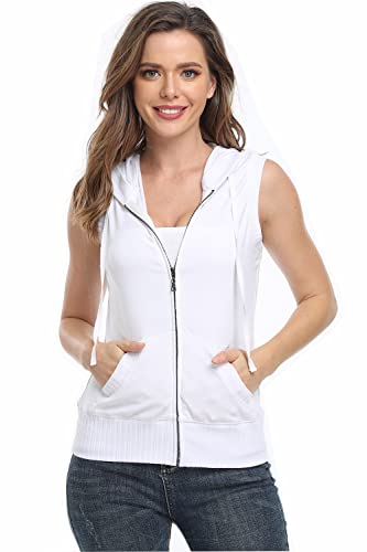 Dilgul Womens Sleeveless Hoodies Zip Up Hooded Vest Casual Sweatshirt with Kanga Pocket White XL