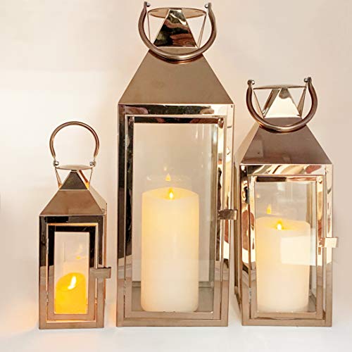 Image of Allgala 3-PC Lantern Set 24 Inch Jumbo Deluxe Modern Indoor /Outdoor Candle Lantern Set Rose Gold Stainless Steel Frame Tempered Glass Pyramid Top for Garden Poolside Fireplace Wedding