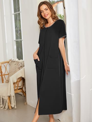 Image of Ekouaer Women Robe Zipper Short Sleeves Full Length House Coat with Pockets