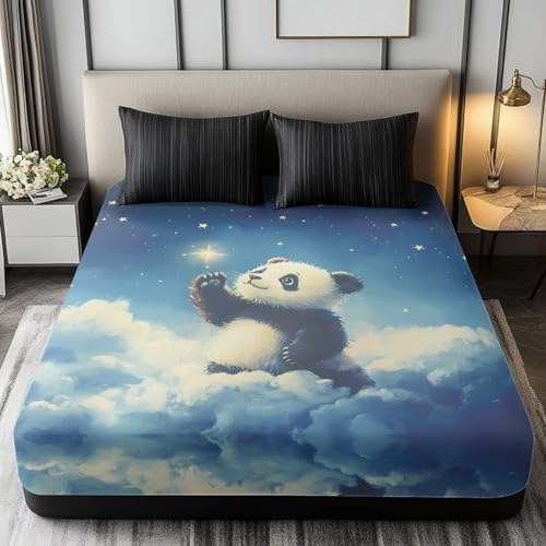 Maiyoinou Panda Sky Bed Sheets for Boys Girls Child Teens Durable Easy to Clean Bedding Fitted Sheet Deep Pocket Up to 16