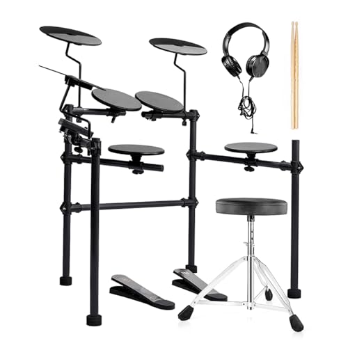 PLADRUBO Electronic Drum Kit — Full Electronic Drum Set, Foldable Portable E-Drums with Throne, Sticks & Headphones Included, 4 Drum Pads + 3 Cymbals, 15 Built-in Drum Kits