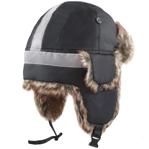 Image of Faux Fur Safety Reflective Aviator Trapper Hat Snow Ski Trooper Winter Cap