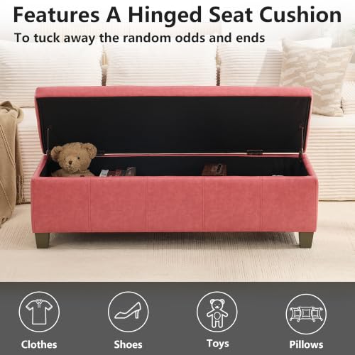 Image of 51 Inch Storage Ottoman, Storage Bench with Safety Hinge, Upholstered Synthetic Leather Ottoman Bench for Bedroom, Living Room, Entryway, Hallway, Foot Rest, Support 500lbs