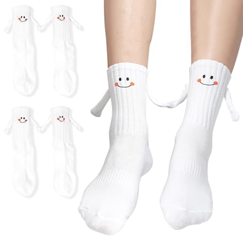 JUGEVI 2 Pairs Magnetic Holding Hands Socks, Funny Couple Socks Unique Magnetic Connection Design Gifts Best Friend Engagement Anniversary Teens Gag Cute Weird Stuff White