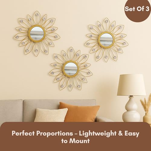 Image of Metal Sunflower Mirror Wall Decor with Crystals | Decorative Mirror Wall Mounted Mirror Wall Decor for Living Room Beautiful Modern Designer | Hanging Mirror Sculpture Set of 3 (Crystal Golden)