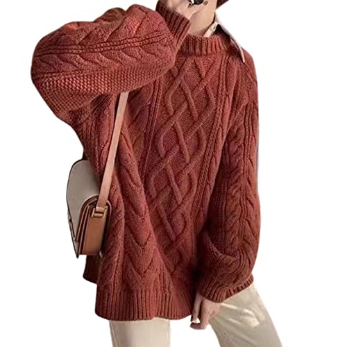 Yirepny Suéter grueso de cuello alto para mujer, casual, manga larga, jersey de punto de cable,, Rojo ladrillo, 38-40