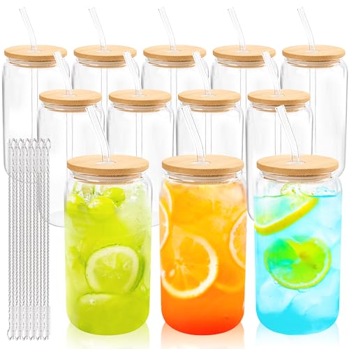 Comparison: 12 Best Iced Coffee Cups Reusable Glass And With Lids And Straws 8 Joyclub 12 Set Glass Cups with Bamboo Lids and Straws 16oz Can Shaped Reusable Iced Coffee Cups with Lids, Drinking Glasses Tumbler with Straw and Lid for Soda Boba Tea Cocktail Whiskey Gift
