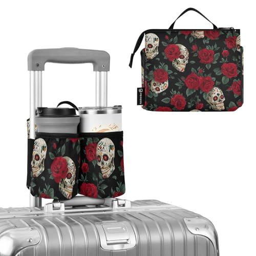 Image of Luggage Cup Holder for Suitcases Free Hands Suitcase Cup Holder Travel Luggage Drink Holder Portable Luggage Cup Caddy Bag Carrier with Handle Mexico Skull Rose Flowers Red