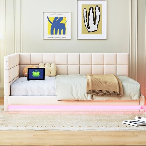 Kayan Polsterbett 140x200 mit LED und USB, Daybett Tagesbett Schlafsofa Multifunktionsbett mit Lattenrost, Hautfreundlicher Samtstoff, Ohne Matratze