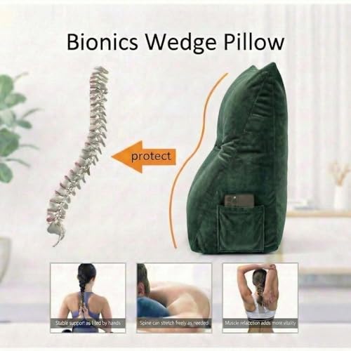 Image of Luxury Velvet Tufted Wedge Pillow with Side Pocket - Soft Headboard Back Support Cushion for Bed, Sofa & Floor Seating - Green Color