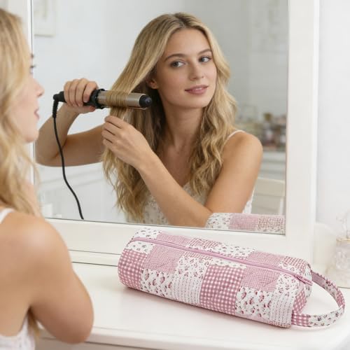 Image of RSRSLEII Quilted Hair Tools Travel Bag，Hair Styling Accessories Storage Case for Shark FlexStyle, Dyson Airwrap Hair Dryer, Curling Iron, Revlon Hair Tools，Portable and foldable(10 Pink Check)