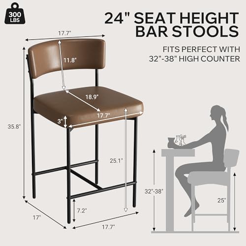 Image of Bar Stools Set of 2, Faux Leather Counter Height Barstools with Curved Back, 25 Inch Upholstered Bar Chairs, Modern Counter Stools for Kitchen lsland, Brown