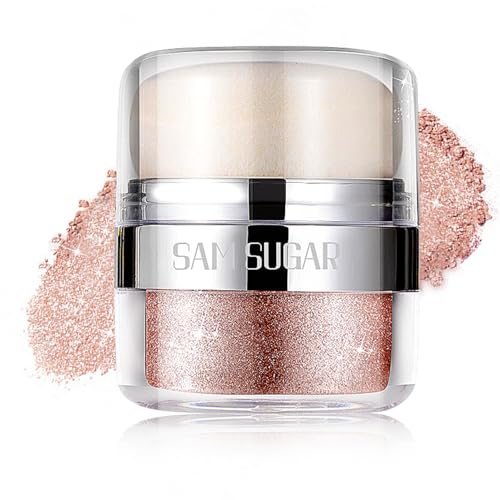 Afmicat Body Shimmer Powder, Body Glitter Powder with Sponge Head, 3D Contour & Long Lasting Luminous, Glow Highlighter Makeup for Face, Eyes, Hair, Perfect for Daily, Party (Rose Gold, 1.13 Oz)