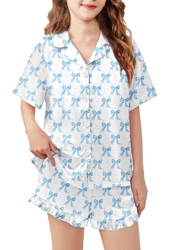 Image of Arshiner Girls Pajamas Silk Satin Pajama Set Button Pjs Ruffle Sleepwear | 2 Piece Nightwear, Silky Soft Lounge for Little & Big Kids, Ideal for Sleeping and Sleepover Party