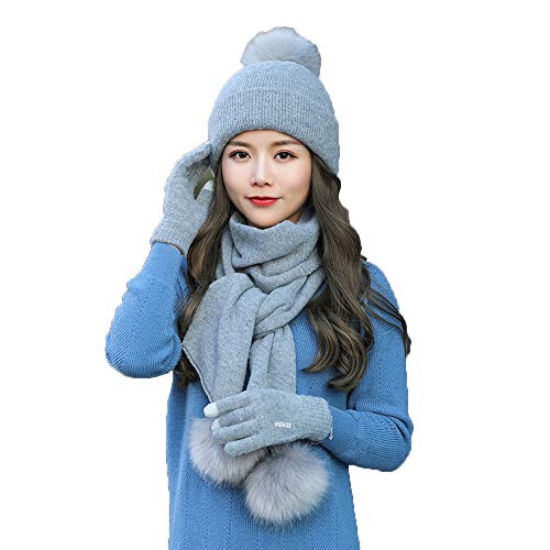 Bonnet en laine tricotée pour femme - Écharpe 1 gant - 3 pièces - Résistant au froid - Boules de laine chaude - Bleu - Taille Unique Cover