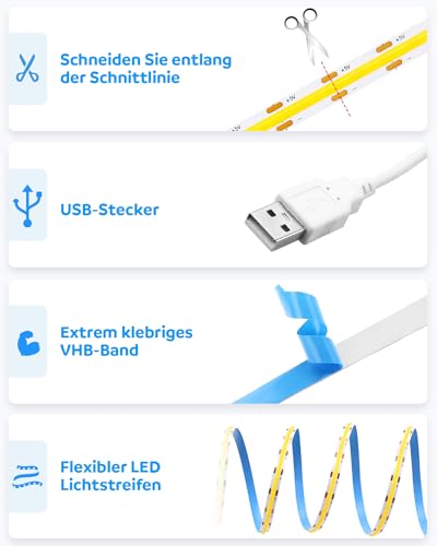 Aclorol COB LED Streifen Kaltweiß 1M 5V Hohe Dichte USB Led Streifen Durchgehendes Licht Selbstklebend Flexible Gleichmäßiges Led Lichtband… – Ansicht 4