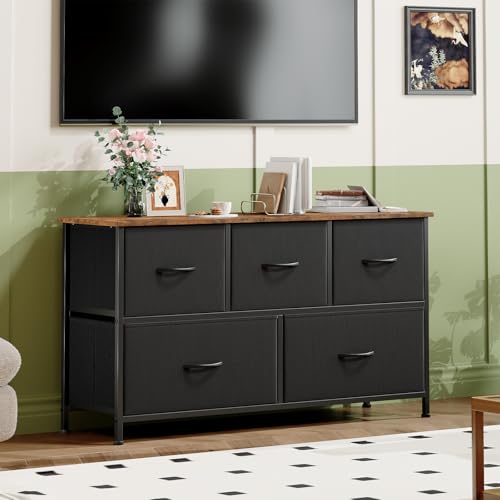 Somdot Dresser for Bedroom with 5 Drawers, Wide Storage Organizer Chest of Drawers with Fabric Bins for Living Room Closet Kids Bedside Nursery Laundry Entryway, Black Rustic Brown - Image 3