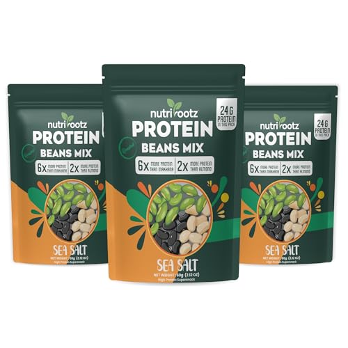 Image of Nutrirootz Roasted Protein Bean Mix | 24g Protein Snacks | 3 IN 1 Protein Super Snack | Plant-Based | Keto Friendly | Gluten-Free Healthy Snack | Sea Salt -Pack of 3 (60g Each)