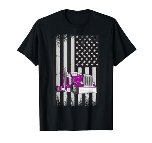 Camión violeta con bandera estadounidense, camionero americano Camiseta