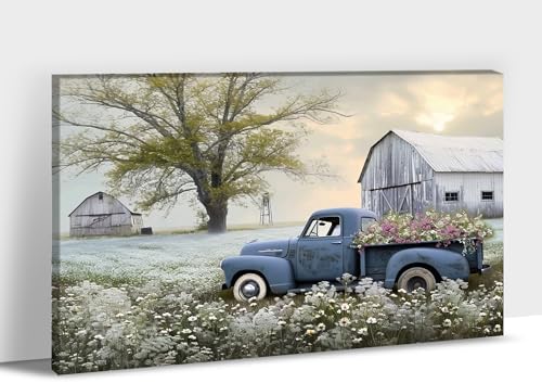 Farmhouse Wall Art, Vintage Barn and White Daisy Florals Picture Canvas Wall Art, Country Old Truck Canvas Prints, Vibrant Spring Landscape Prints for Farmhouse Living Room Wall Decor 18x24 Inches