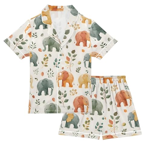 ALAZA Elephant Leaves Watercolor Satin Pajamas Set Short Sleeve Button Down Sleepwear Summer Pjs 2 Piece