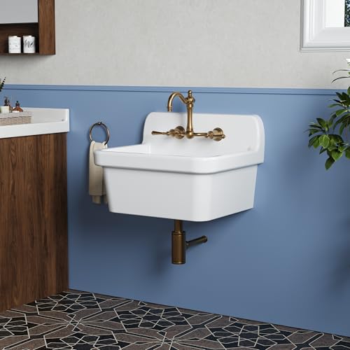 Garvee Utility Sink 24 x 20 Inch, Ceramic Laundry Sink with High Backsplash, Wall Mount, Farmhouse Design, Perfect for Garage, Washing Room, Kitchen, Bathroom