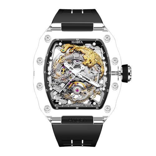 Haofa 腕時計メンズ スケルトン時計 機械式自動巻き 水晶ガラスケース 龍と鳳凰文字盤 パワーリザーブ 72時間 中空の文字盤 トノー型 夜光 防水 紳士 うで時計 男性プレゼント