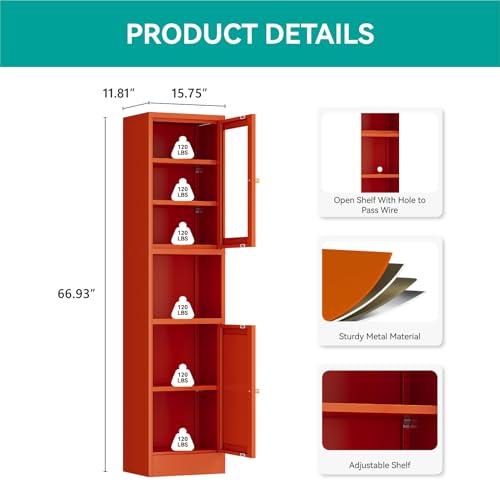 Image of 67 inch Tall Metal Narrow Storage Cabinet with Glass Door and Open Shelf, Shaker Style Slim Cabinet with Adjustable Shelves for Kitchen Bathroom Living Room Laundry Small Spaces, Orange, 1Pc