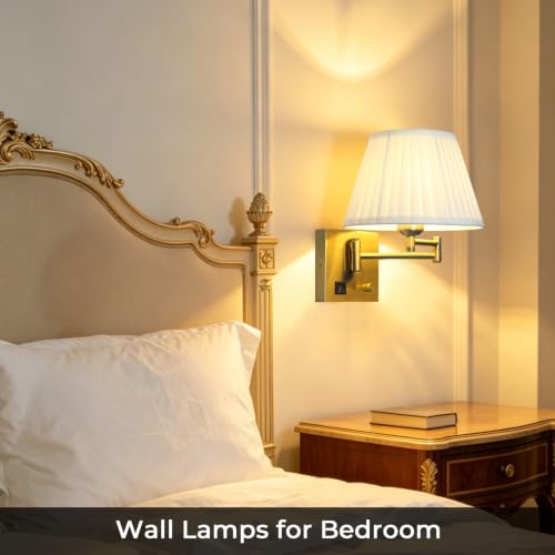 Image of Plug in Wall Lamp for Living Room Bedroom Bedside, Bulb Included | Wall Sconce with USB C+A Charging Ports, Adjustable Swing Arm 270, Adjustable Color Temperature, White Fabric Cone lampshade