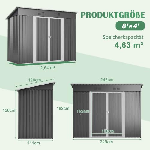 Metall Geräteschuppen 242x126x182 cm – Wetterfester Gartenschrank mit Abschließbare Tür, Schrägdach & Belüftung – Fundamentrahmen für Garten, Terrasse, Fahrrad & Mülltonnenbox (Grau)
