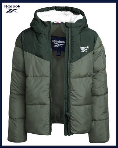 Image of Reebok Girls Heavyweight Poly Taffeta Puffer Jacket with Sherpa Hood | Insulated Quilting Locks in Warmth, Zip-Up Closure, Secure Pockets for Gloves, Cozy Protection for Cold-Weather Play