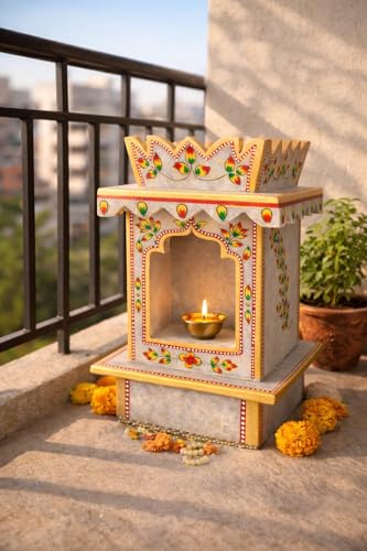 Image of Handcrafted Decorative Planter Shrine, Painted Plant Stand with Floral Design, Marble Finish 15 inch
