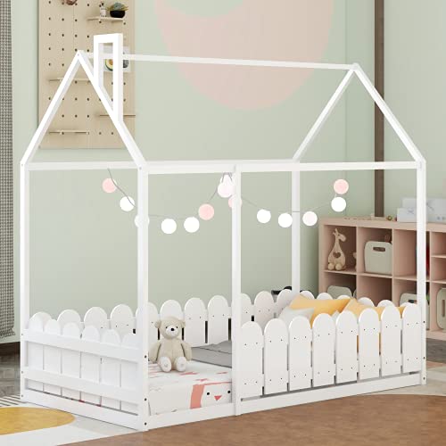 Montessori Bed Wood Twin Bed Playhouse Bed Frame with Roof Twin Size House Bed for Girls Boys Kids, Box Spring Needed, White